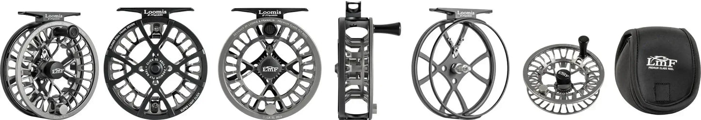 Loomis & Franklin Fly Reel CLK SL, showcasing multiple angles of the reel design and components.