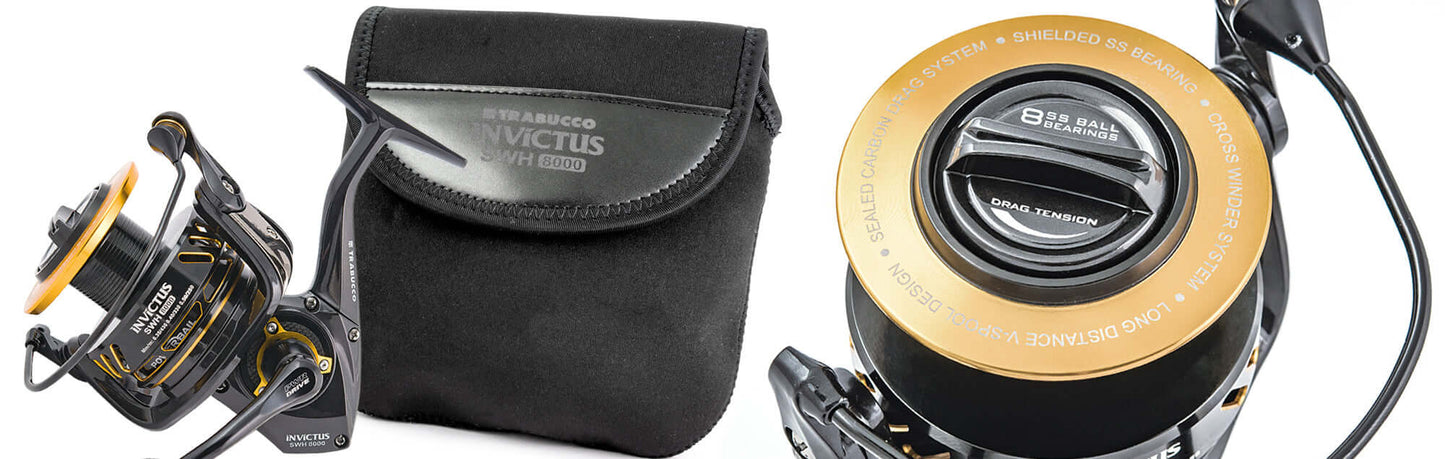 Trabucco Catgear INVICTUS SW POWER FA8000 fishing reel with carrying case, designed for deep water predator fishing.