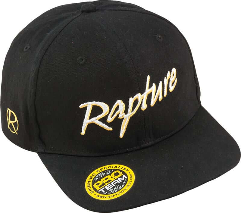 Rapture Pro Team Flat Brim Cap Black in lightweight fabric with breathable design, ideal for fishing and outdoor activities.