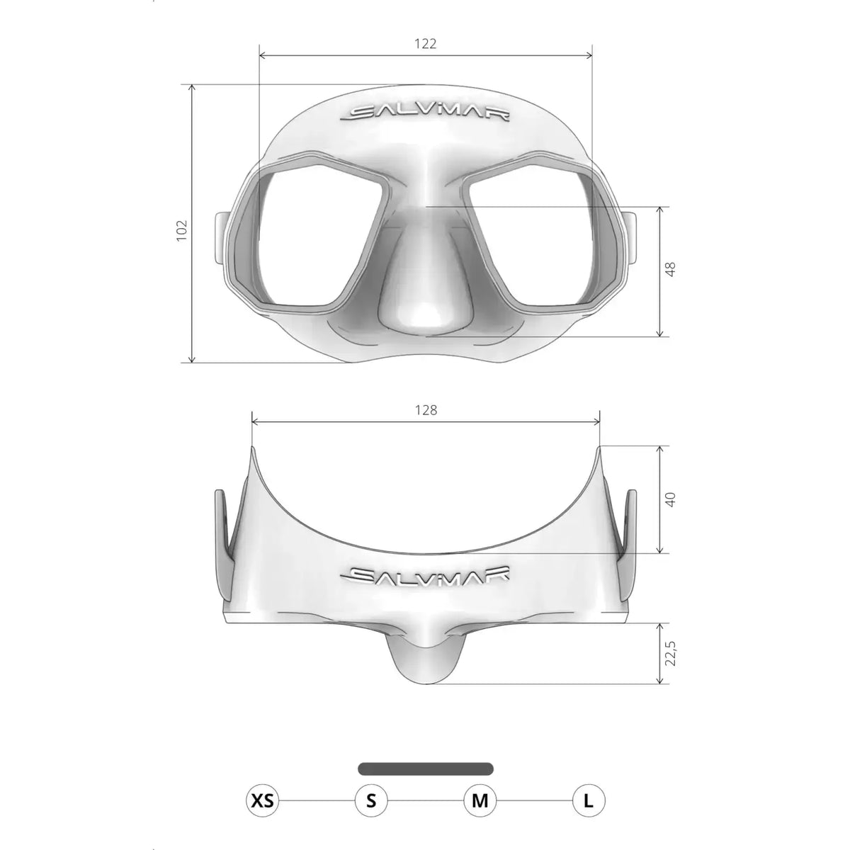 Salvimar Fly maschera apnea a volume ridotto con design compatto per apnea e snorkeling, misure inclusa.