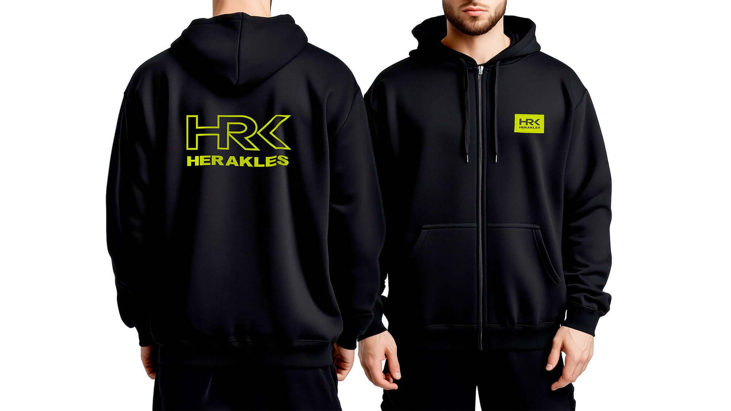 Felpa Black Zip HRK, felpa nera con zip e logo HRK, comoda e resistente per ogni stagione.