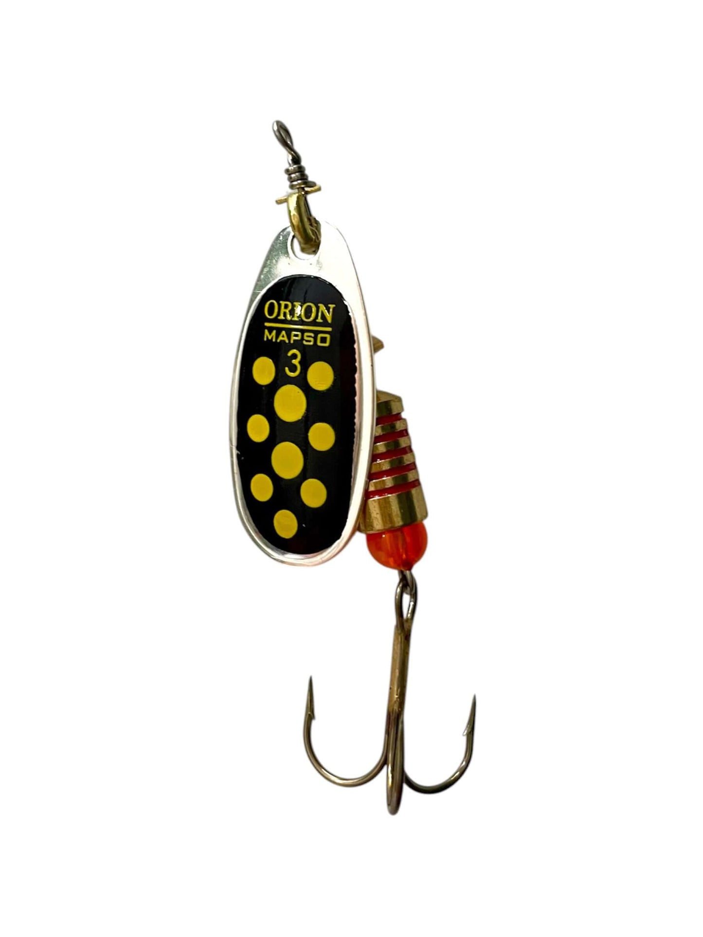 Mapso Orion n.3 Blackfury spinner showing vibrant design with black and yellow pattern, ideal for trout fishing.