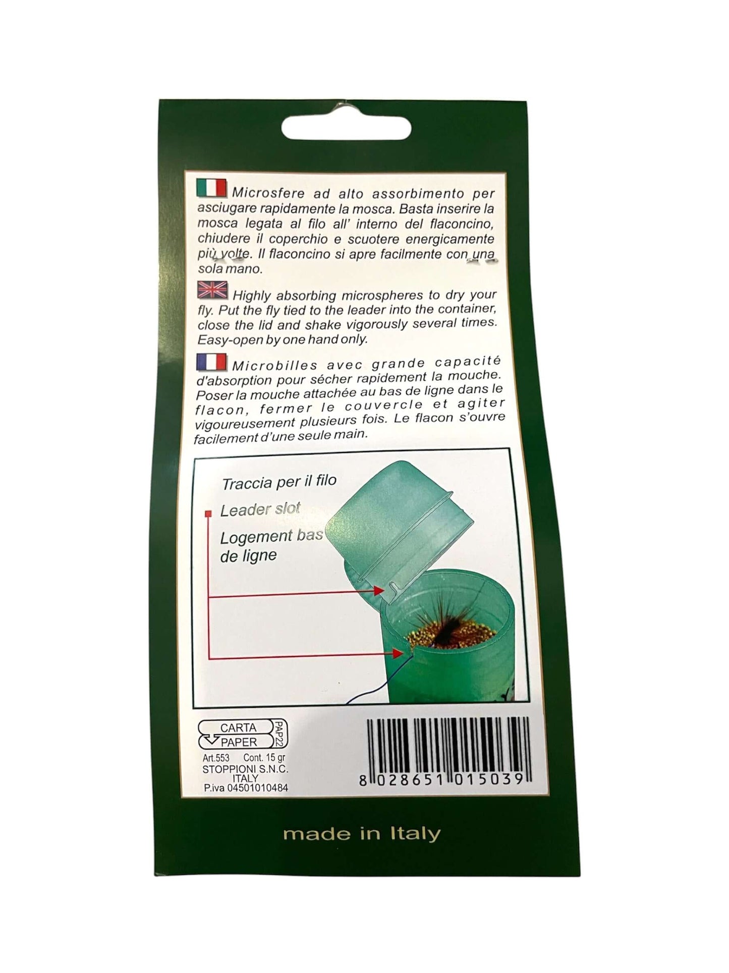 Stonfo Dry Fly Spheres packaging showcasing high-absorption microspheres for drying fishing flies.