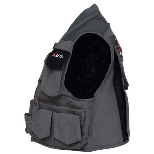 Greys Tail Fly Vest in gray with multiple pockets and zippers for fishing gear organization.