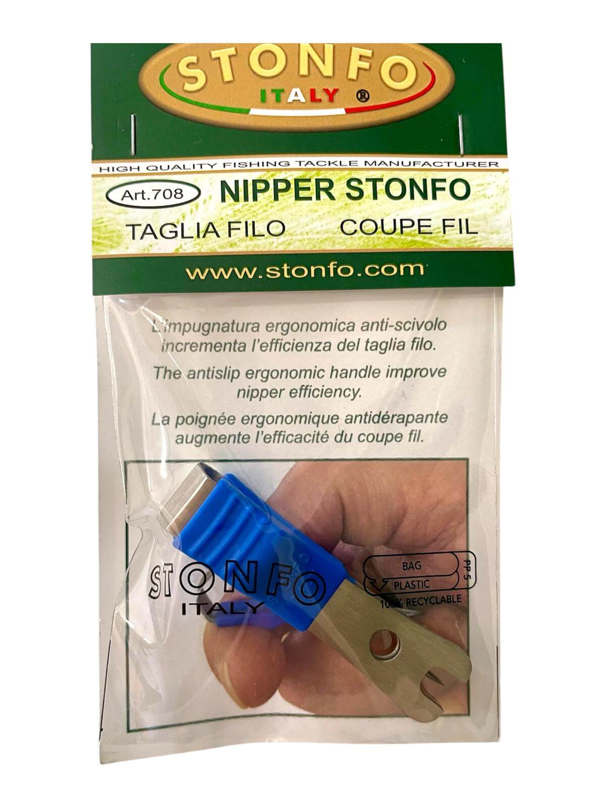 Nipper Stonfo professional wire cutter in packaging, featuring ergonomic handle and integrated eye cleaner.