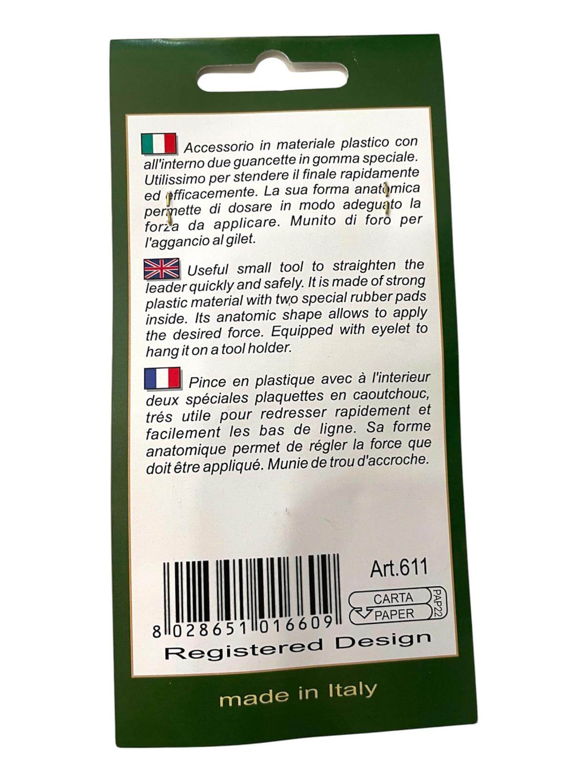 Stonfo Leader Straightener packaging showing features and usage instructions for straightening fishing line.