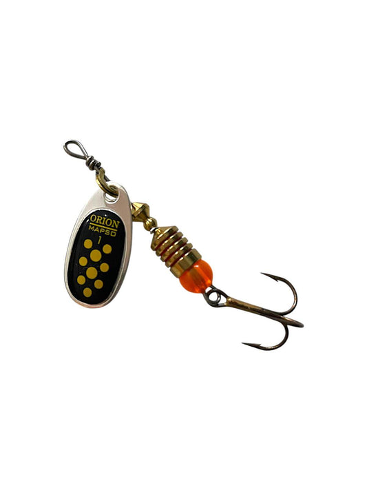 Mapso Orion n.1 Black Fury spinner with black and yellow design, designed for immediate rotation and strong vibrations.