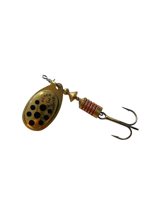 Image of Mapso Reder n.3, gold spinner with black dots and treble hook, ideal for fishing.