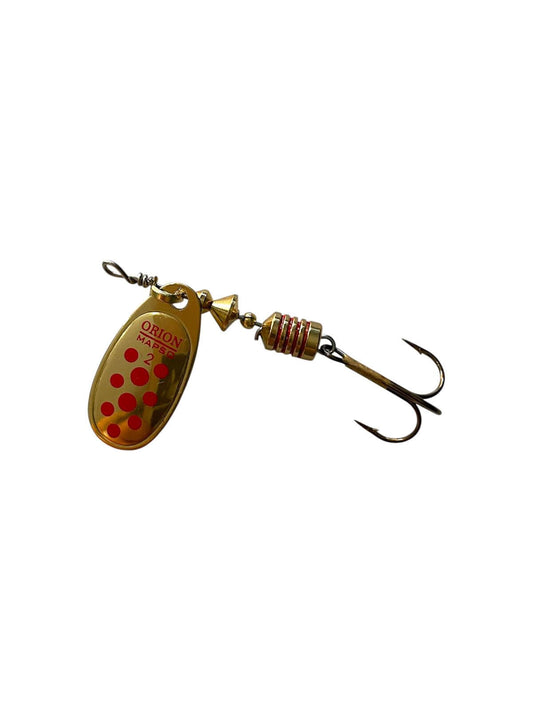 Mapso Reder n.2 - Spinner dorato con puntini rossi e amo a tre punte, ideale per la pesca.