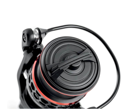 Top view of Trabucco SRT FD fishing reel showcasing its sleek design and durable structure.