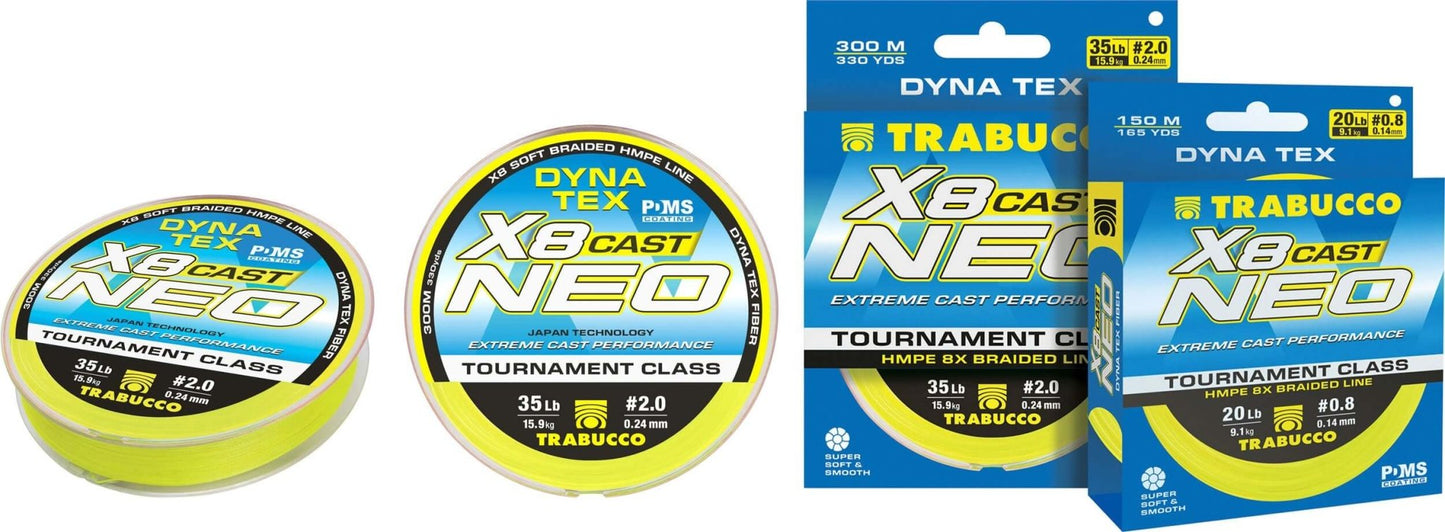 Trabucco Dyna-Tex X8 Neo Cast 150m 0.208mm 30lb trecciato per pesca a predatori di grande taglia.