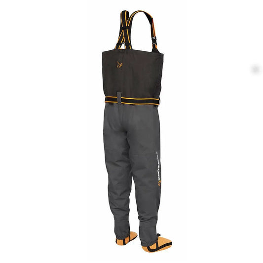 Savage Gear SG8 Chest Zip Wader in gray with orange accents, designed for water resistance and comfort.