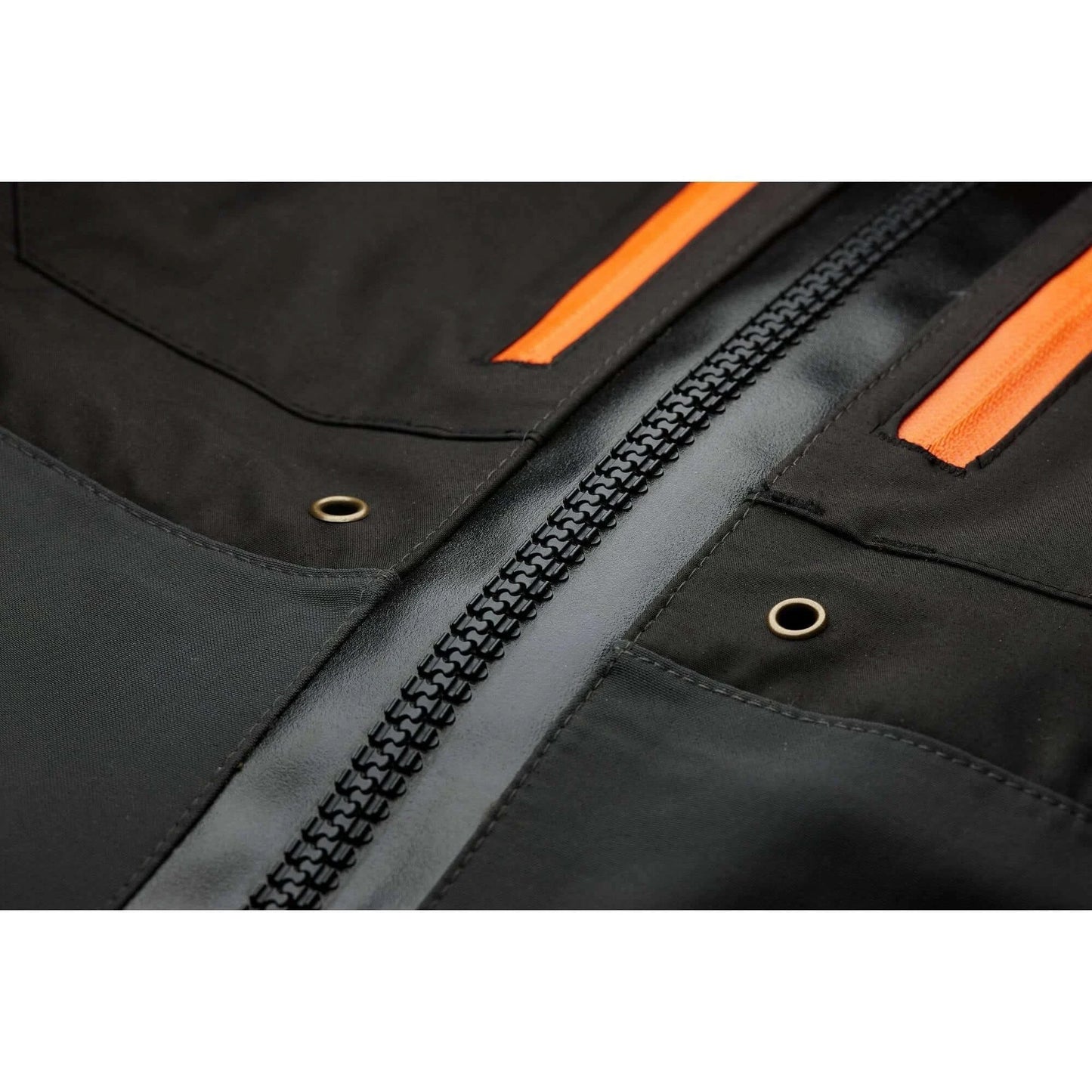 Close-up of the zipper detail on the Savage Gear SG8 Chest Zip Wader with black fabric and orange accents.