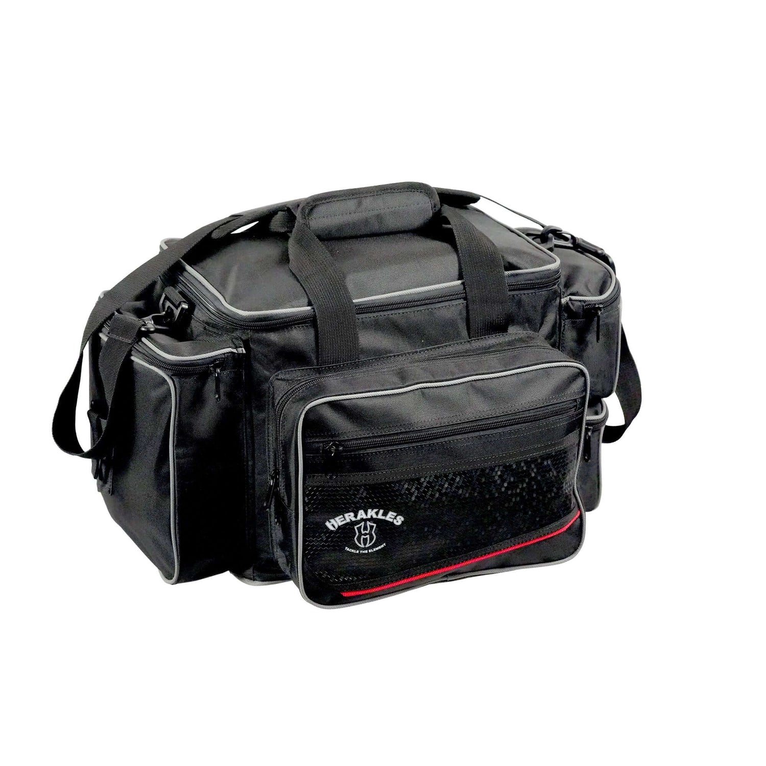 Borse Portacanne e Cassette Tecniche: borsa nera resistente per attrezzatura da pesca, con vari scomparti e praticità d'uso.