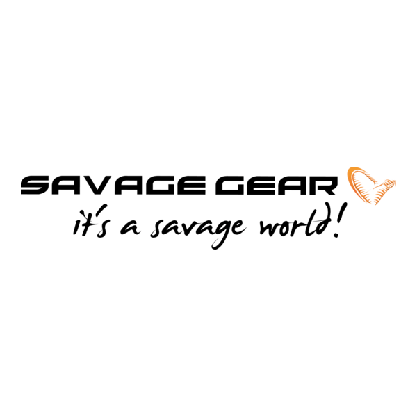Logo di SAVAGE GEAR con la frase "it's a savage world!" per la collezione di attrezzature da pesca.