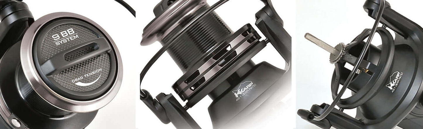 K-Karp Reaction XT 8000 big pit reel close-up showcasing Long Cast spool design and durable materials.