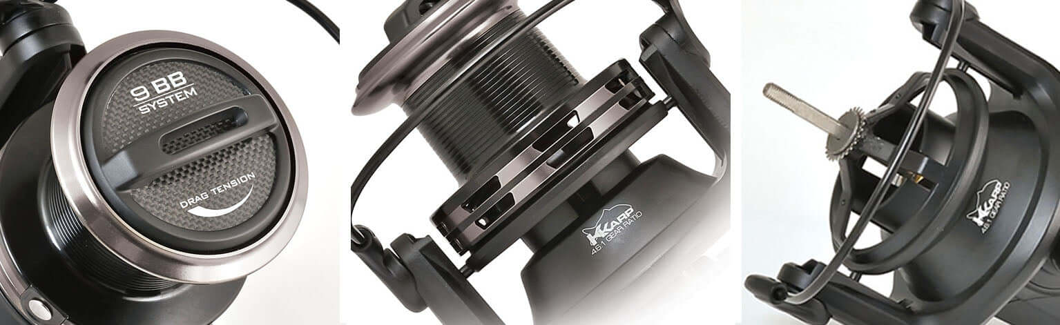 K-Karp Reaction XT 8000 big pit reel close-up showcasing Long Cast spool design and durable materials.