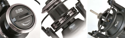 K-Karp Reaction XT 8000 big pit reel close-up showcasing Long Cast spool design and durable materials.