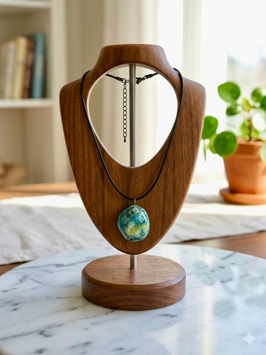 Collana Artigianale con Pietra Naturale dei Fiumi della Valsesia su supporto in legno