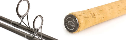 Dettagli della canna K-Karp Crusader XT rod 390cm con anelli in metallo e manico in sughero.