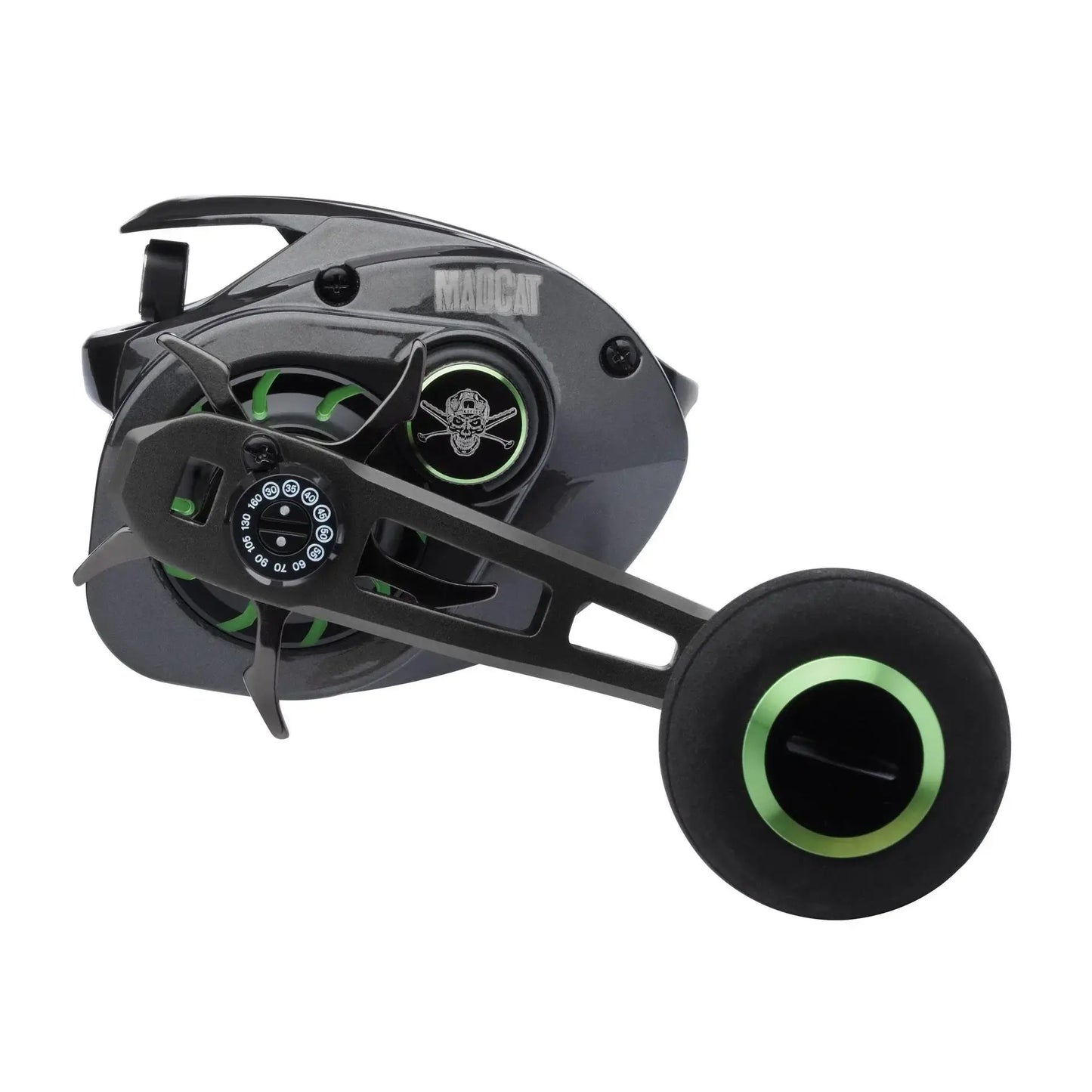 Madcat Dominion Low Profile Reel with compact design and ergonomic handle for vertical fishing techniques.