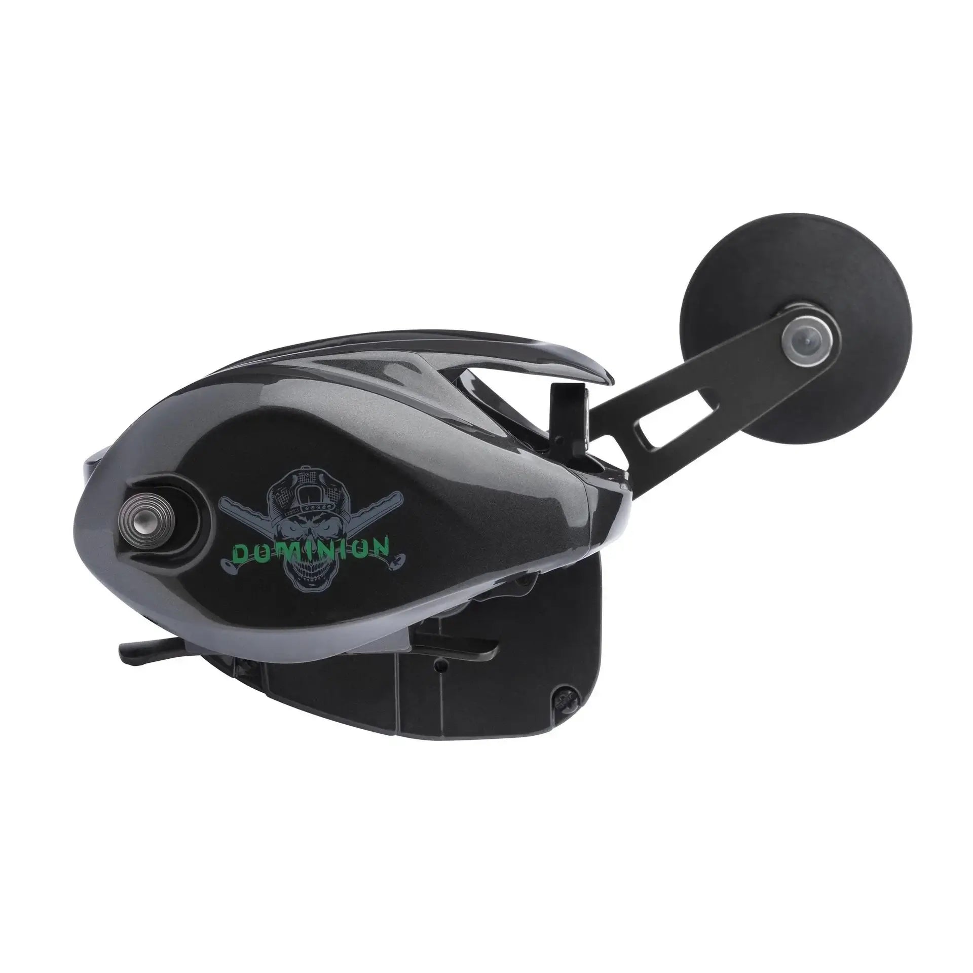 Madcat Dominion Low Profile Reel in black, designed for vertical fishing from belly boats and boats.