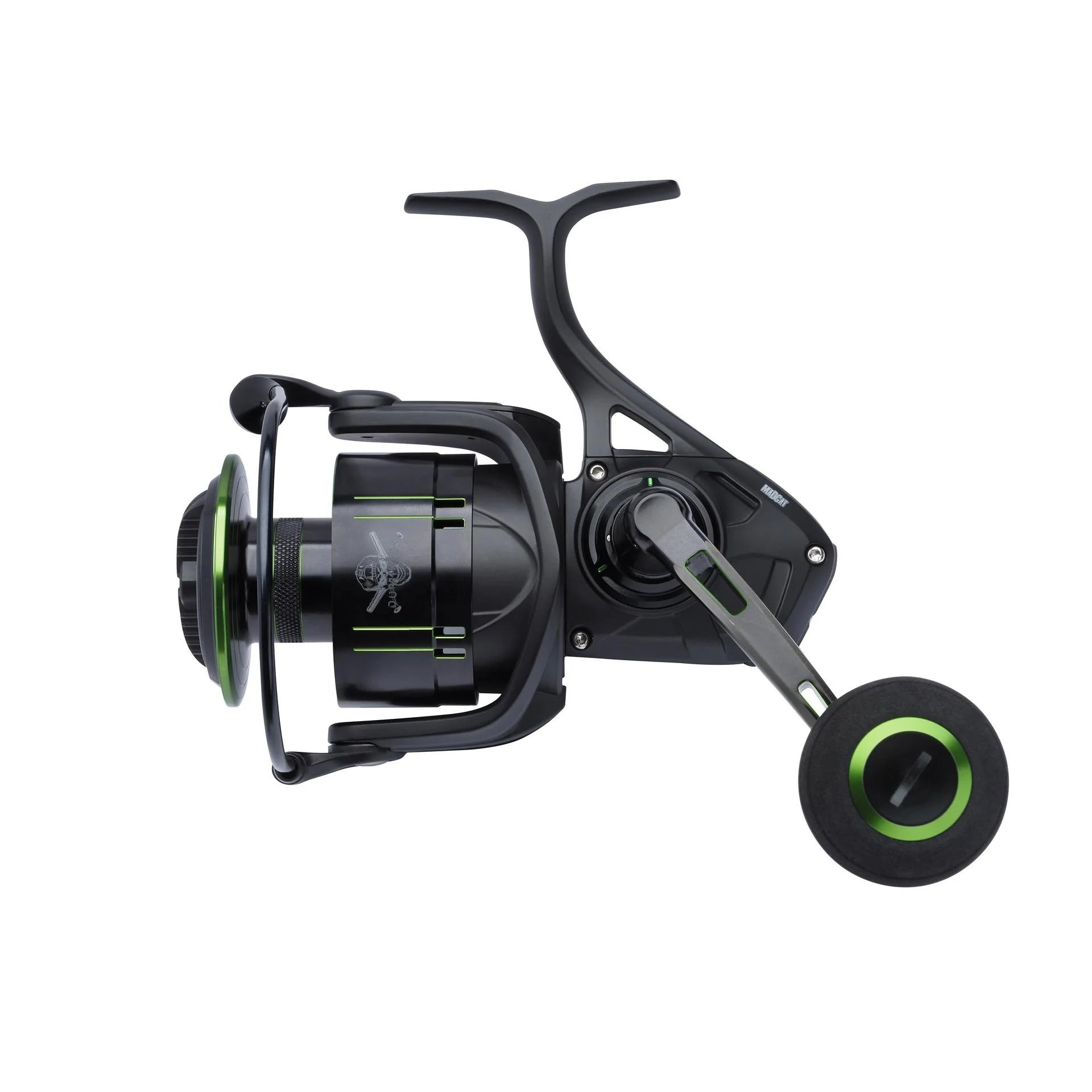 Madcat Dominion Spinning Reel view from the side, showcasing durable aluminum frame with reinforced side plates.