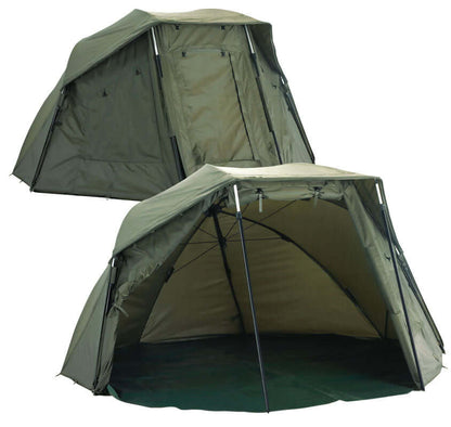 K-Karp EXCELLENCE BROLLY shown open and closed for portable carpfishing shelter with strong aluminum frame.