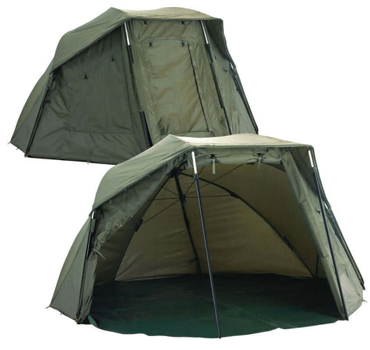 K-Karp EXCELLENCE BROLLY shown open and closed for portable carpfishing shelter with strong aluminum frame.