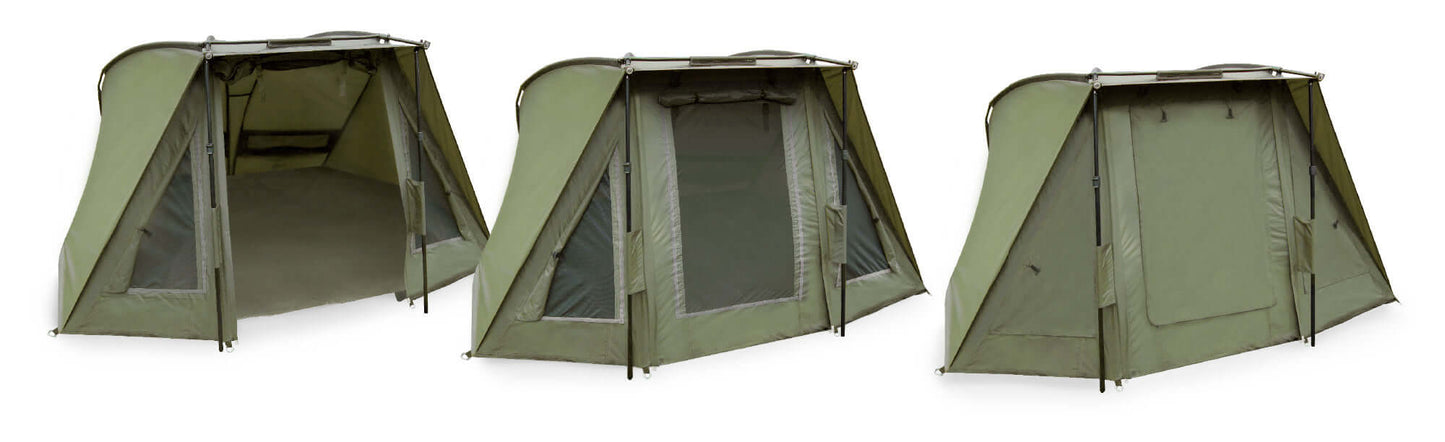 K-Karp GLADIO ELEMENTS BIVVY shown in various views showcasing its spacious interior and robust design.