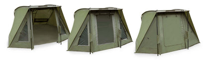 K-Karp GLADIO ELEMENTS BIVVY shown in various views showcasing its spacious interior and robust design.