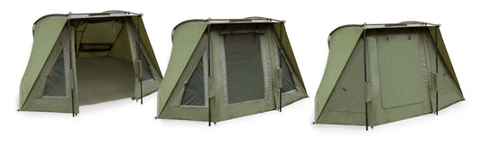 K-Karp GLADIO ELEMENTS BIVVY shown in various views showcasing its spacious interior and robust design.
