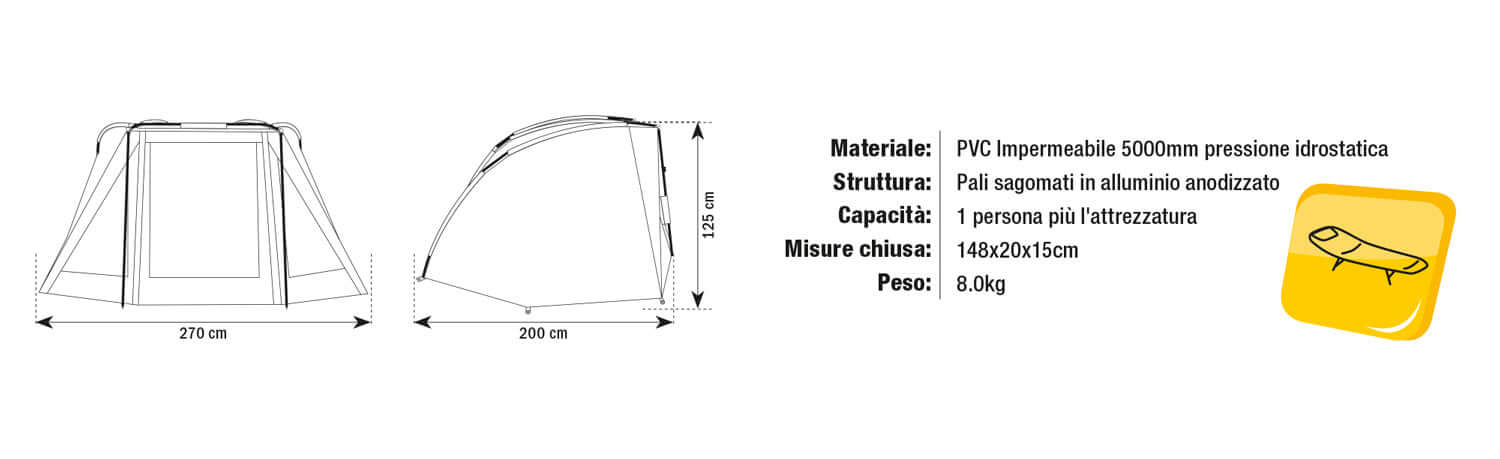 K-Karp GLADIO ELEMENTS BIVVY specifications and dimensions drawing with material and capacity details.
