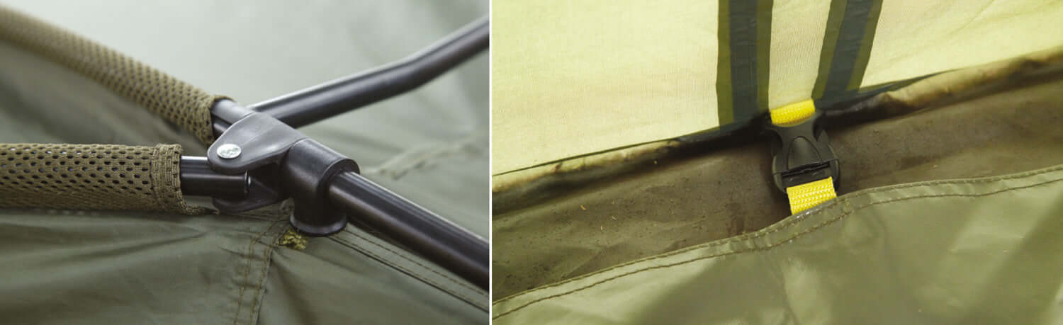 K-Karp GLADIO ELEMENTS BIVVY detailing the sturdy aluminum structure and secure locking mechanism.