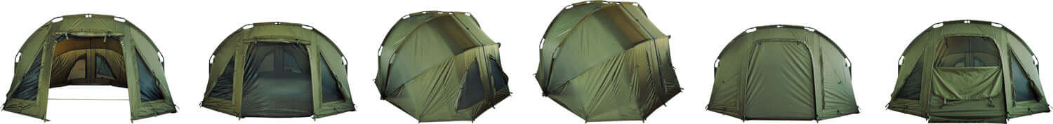 K-Karp PUNISHER DOME carpfishing tent showcasing various angles and setup features.