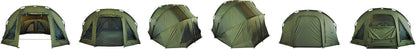 K-Karp PUNISHER DOME carpfishing tent showcasing various angles and setup features.
