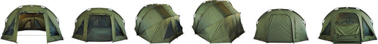 K-Karp PUNISHER DOME carpfishing tent showcasing various angles and setup features.