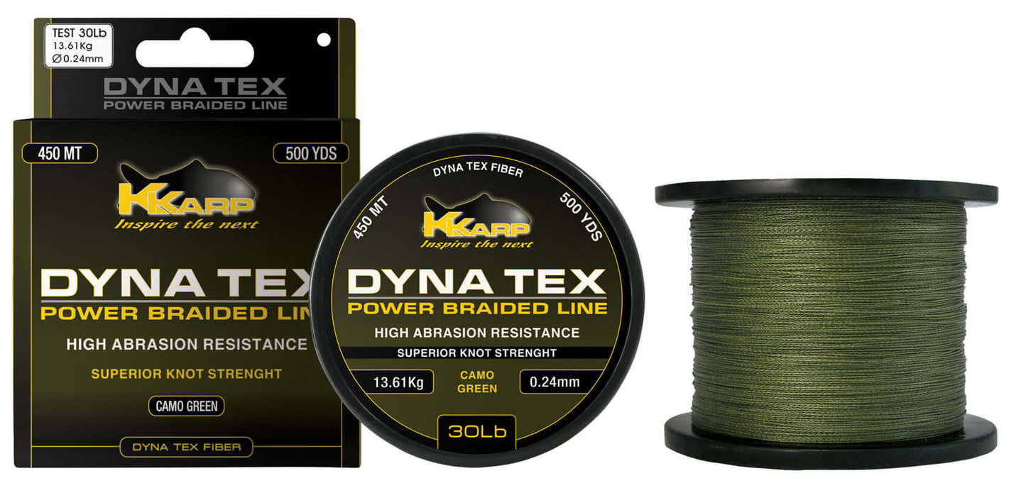 K-Karp DT POWER BRAID 1500 yds packaging and spool of Dyna-Tex power braided line in camo green.