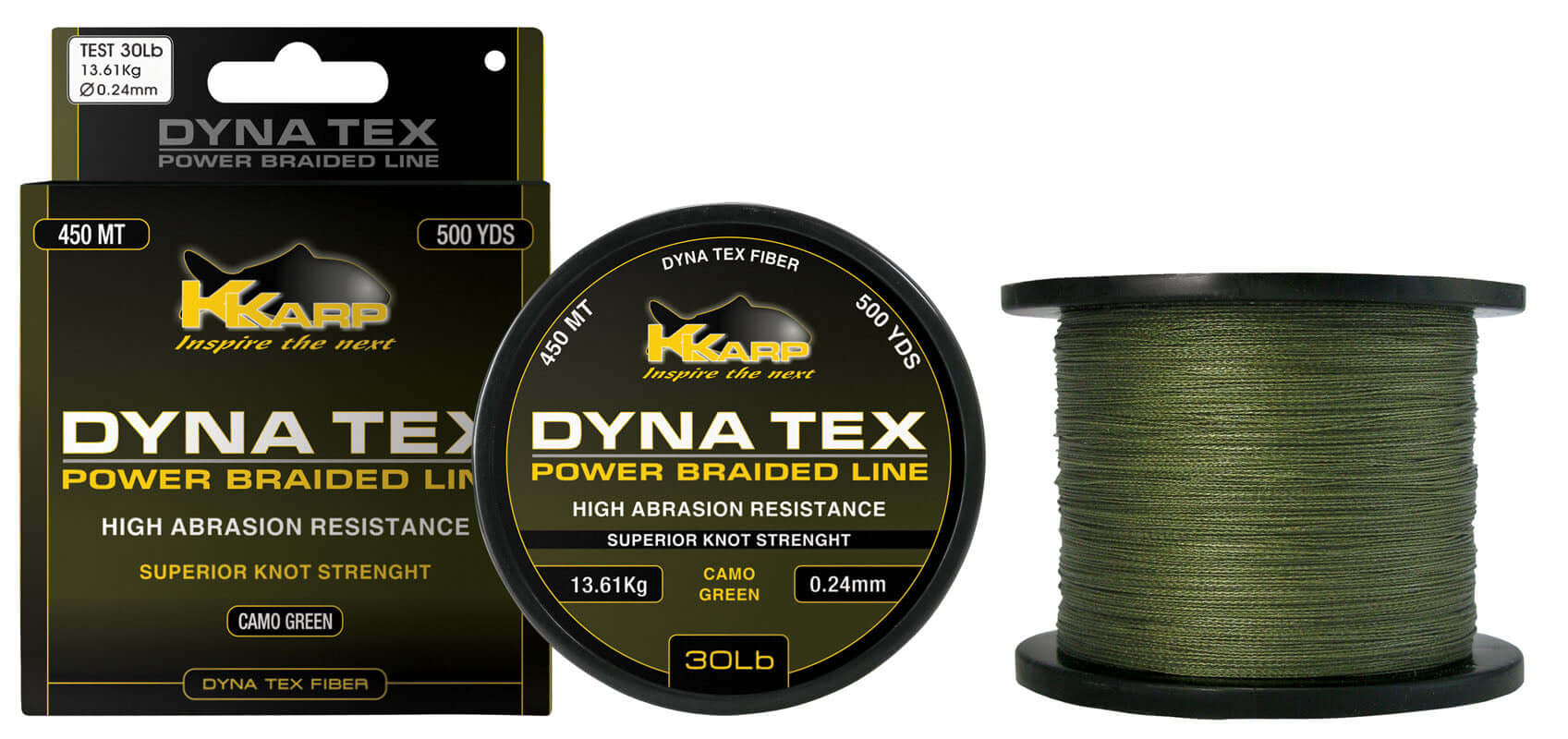 K-Karp DT POWER BRAID 1500 yds packaging and spool of Dyna-Tex power braided line in camo green.