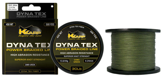K-Karp DT POWER BRAID 1500 yds packaging and spool of Dyna-Tex power braided line in camo green.
