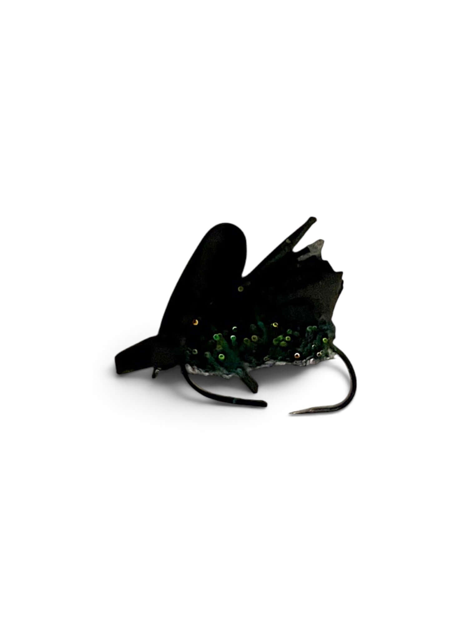 Burdock artificial flies in various sizes, designed for fly fishing, featuring black foam bodies.