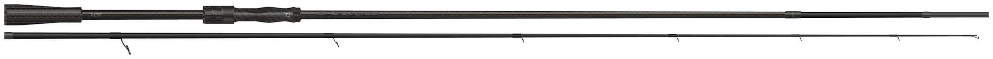 Rapture Black Cross spinning rod showcasing High Modulus Carbon design and Fast/Extra Fast action.