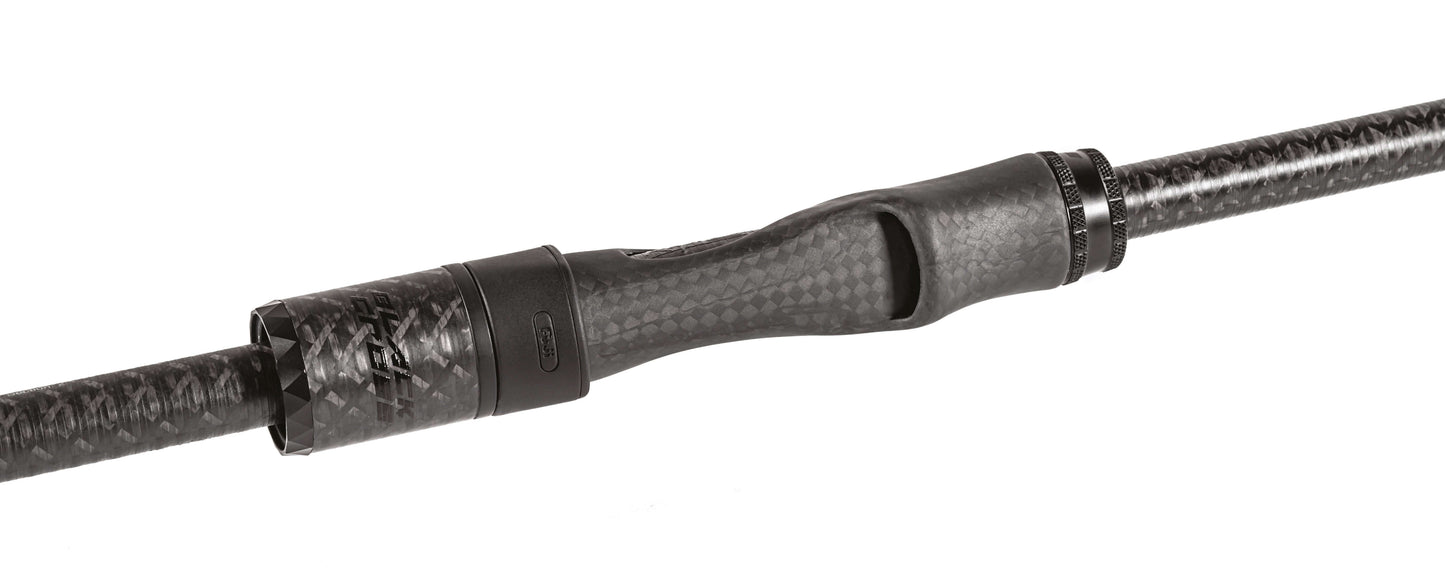  Rapture Black Cross spinning rod showcasing High Modulus Carbon design and Fast/Extra Fast action.