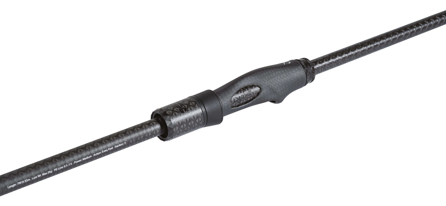  Rapture Black Cross spinning rod showcasing High Modulus Carbon design and Fast/Extra Fast action.