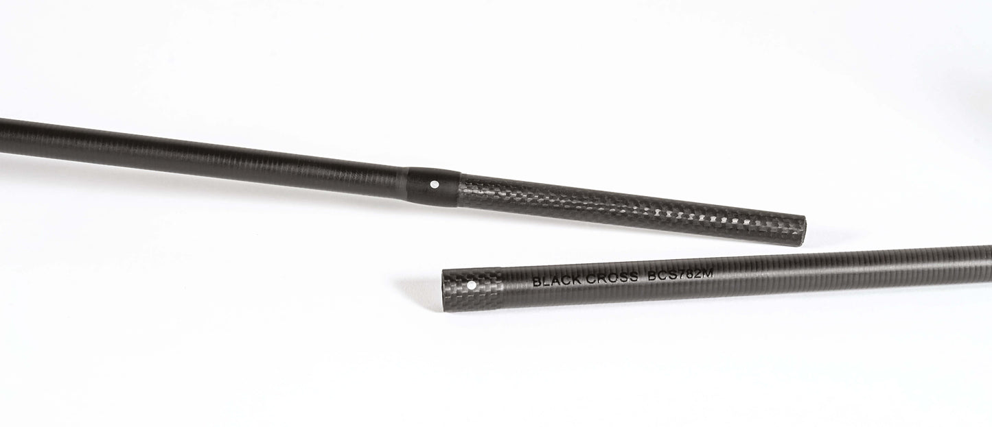  Rapture Black Cross spinning rod showcasing High Modulus Carbon design and Fast/Extra Fast action.