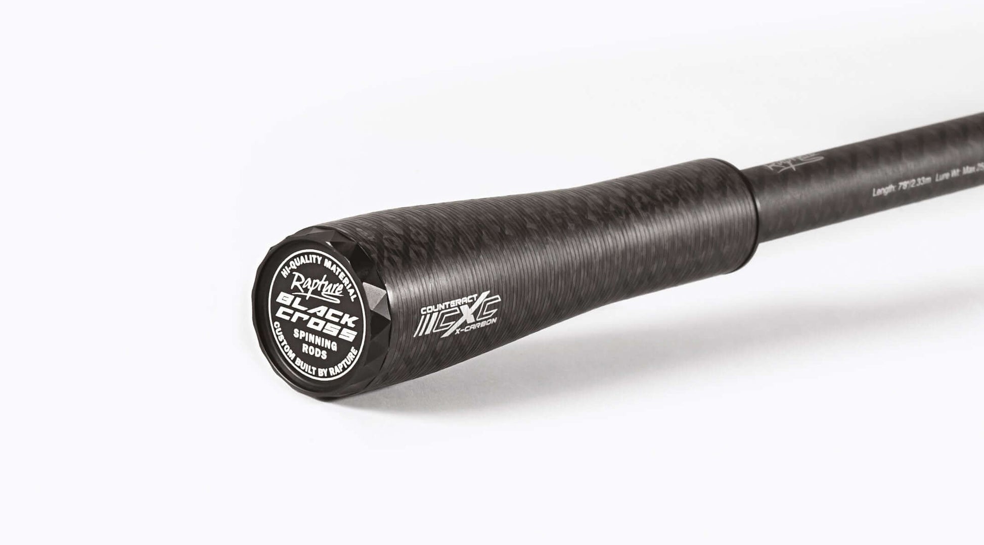  Rapture Black Cross spinning rod showcasing High Modulus Carbon design and Fast/Extra Fast action.
