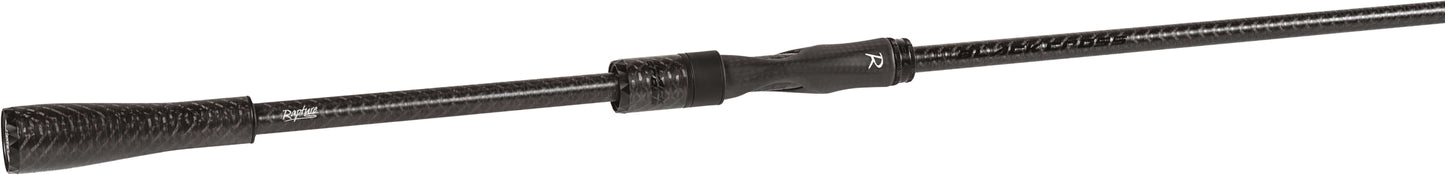  Rapture Black Cross spinning rod showcasing High Modulus Carbon design and Fast/Extra Fast action.