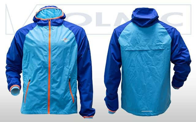 Sporting Jacket in blue and orange, showcasing front and back views with a focus on waterproof and breathable materials.