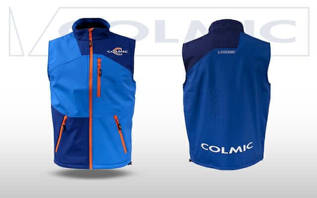 Gilet Tecnico Softshell blu e arancione con zip, ideale per chi ama la pesca e cerca comfort e protezione dal vento.