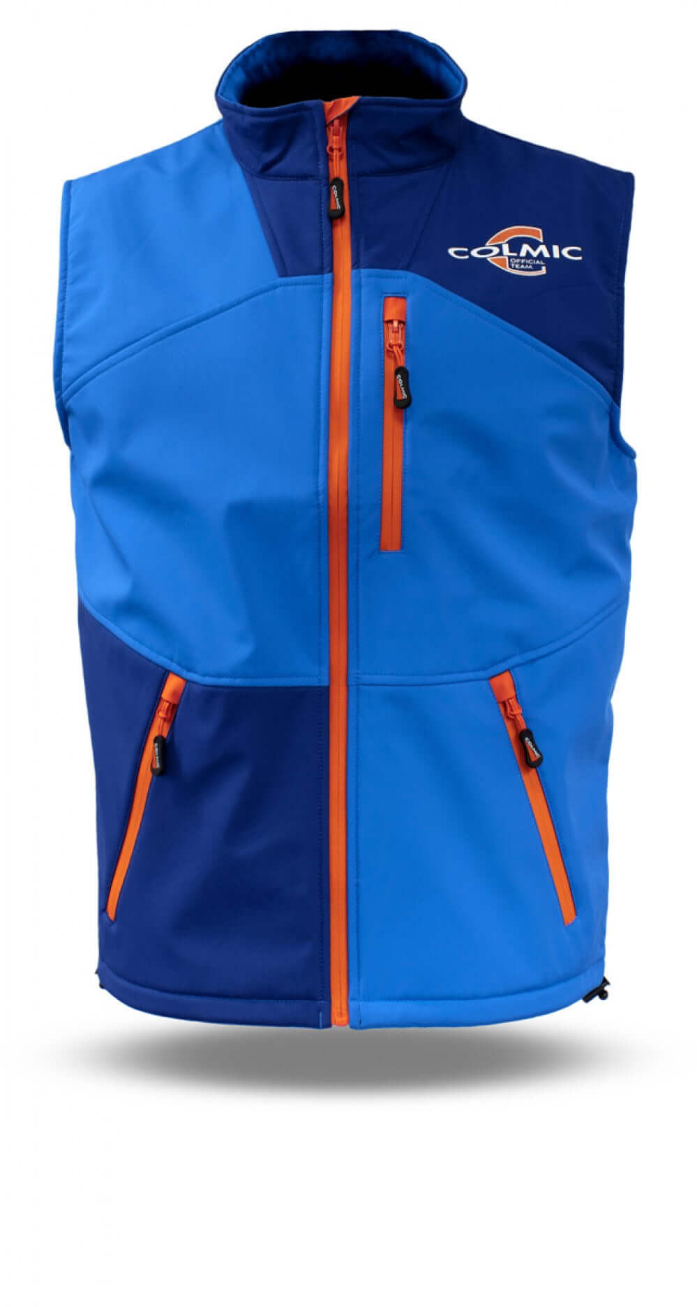 Gilet Tecnico Softshell blu e arancione con zip, ideale per chi ama la pesca e cerca comfort e protezione dal vento.